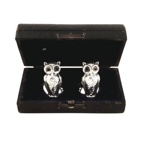 Pr Antique Edwardian Sterling Silver 'Owl' Menu Holders 1907