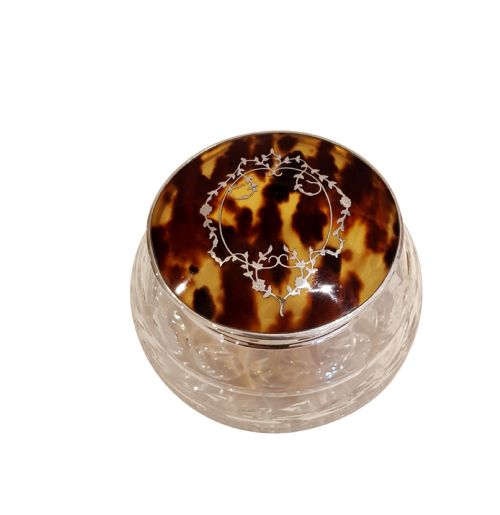 Antique Tortoiseshell with Silver Pique Inlay and Glass Vanity Jar 1931