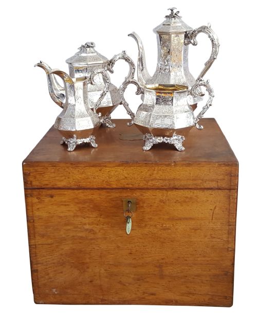 Antique Victorian Sterling Silver 4 Piece Teaset in Oak Case with Key 1843