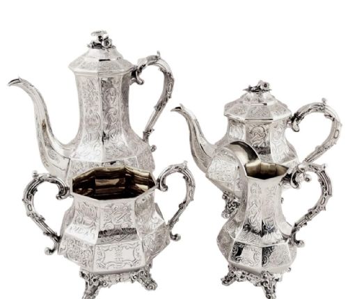 fig 1. Antique Victorian Sterling Silver 4 Piece Teaset in Oak Case with Key 1843