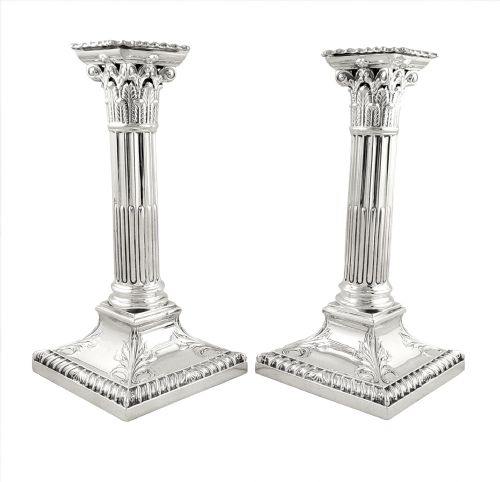 Pr Antique Edwardian Sterling Silver Candlesticks 1902