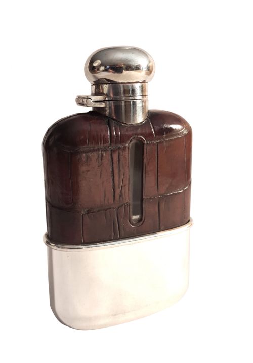 Antique Crocodile Leather & Silver Plated Hip Flask with Cup