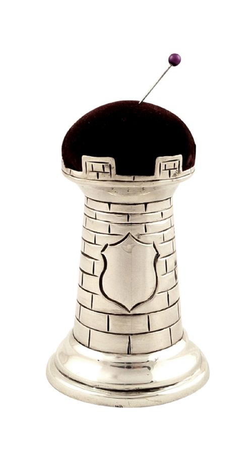 Unusual Antique Sterling Silver Castle Pin Cushion 1928