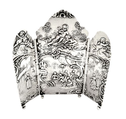 Unusual Antique Sterling Silver 4" Triptych / Scene 1901 - Cherubs