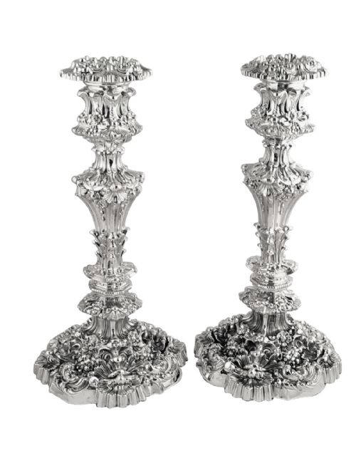 Pr Antique Georgian Sterling Silver 12" Candlesticks 1826