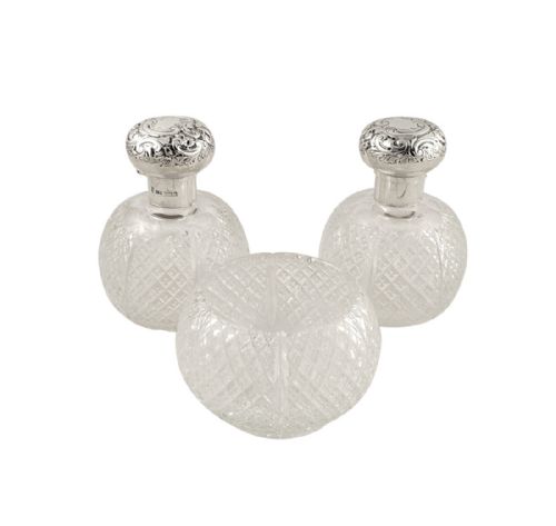 Antique Edwardian Sterling Silver Pr Perfume Bottles & Bowl 1902
