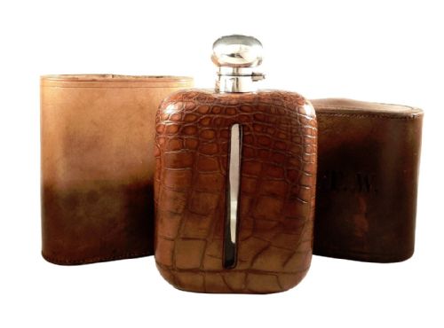 Huge Antique Crocodile Leather 8" Hip Flask in Original Case C1890