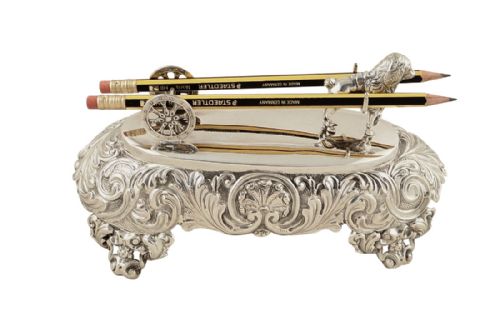 Unusual Antique Continental Silver Desk Top Pen / Pencil Stand - Dog