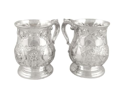 Pair of Antique Victorian Silver Plated Pint Mugs / Tankards