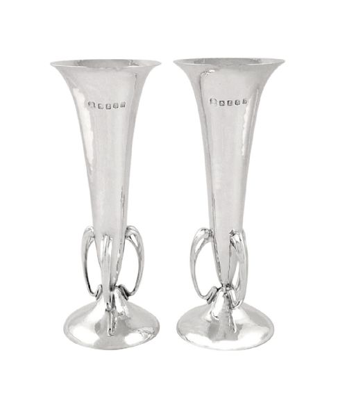 Pr Antique Scottish Sterling Silver 6" Vases - Glasgow 1914