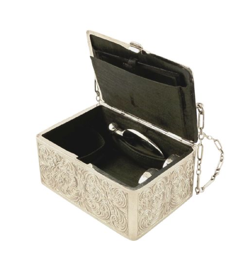 fig 1. Antique American Silver Purse/Box with Perfume & Vinaigrette c1900