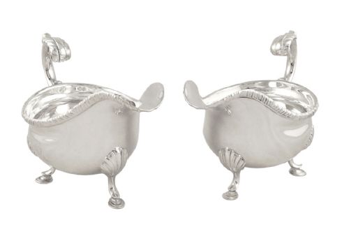 Pr Antique Victorian Silver Sauce Boats / Gravy Jugs - 1900 - 630g