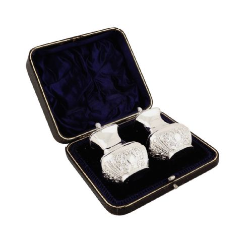Pr Antique Victorian Sterling Silver Peppers in Case 1898