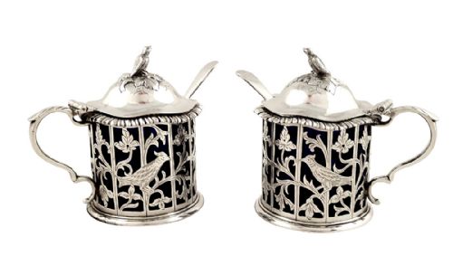 Pair of Antique Sterling Silver Mustard Pots with Bird Decoration 1911