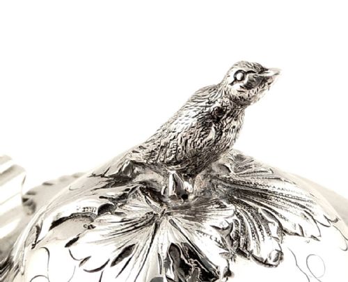 fig 1. Pair of Antique Sterling Silver Mustard Pots with Bird Decoration 1911