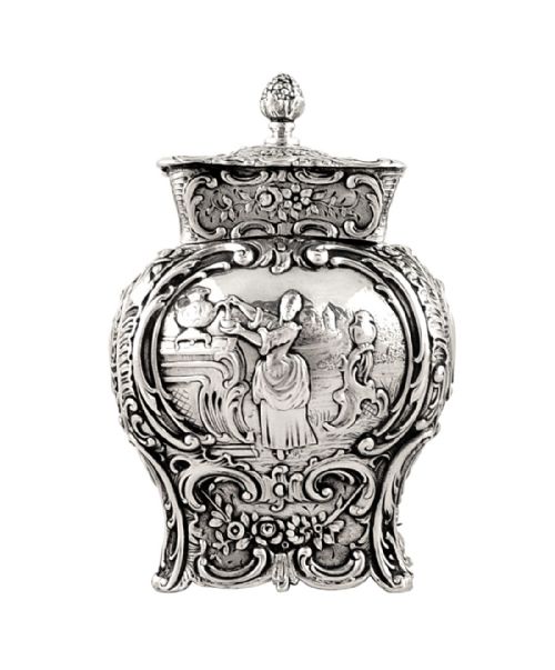 Antique German Solid Silver Caddy with Scenes C1880
