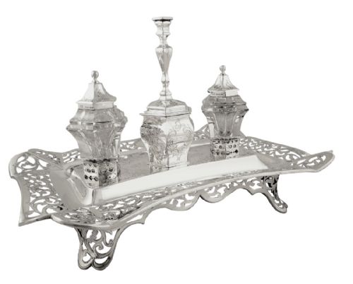 Large Antique Victorian Silver Double Inkstand with Chamberstick 1844