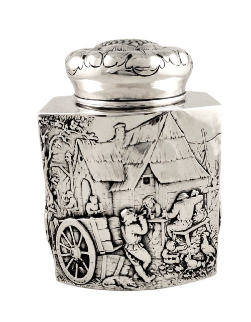 Large Antique German Silver Caddy with Tavern Scenes C1890