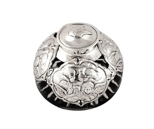 Antique Sterling Silver & Glass 'Angels' Inkwell 1900
