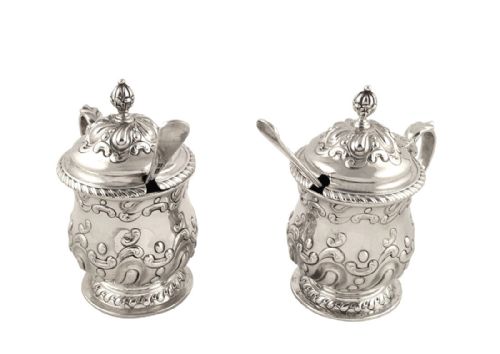 Pair of Antique Edwardian Sterling Silver Mustards & Spoons 1905