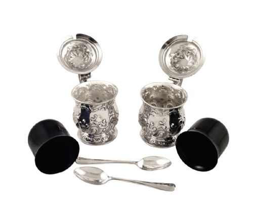 fig 1. Pair of Antique Edwardian Sterling Silver Mustards & Spoons 1905