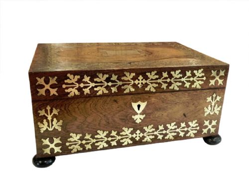 Antique Regency Rosewood & Brass Inlay Sewing Box with Contents C1815