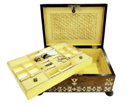 fig 1. Antique Regency Rosewood & Brass Inlay Sewing Box with Contents c1815