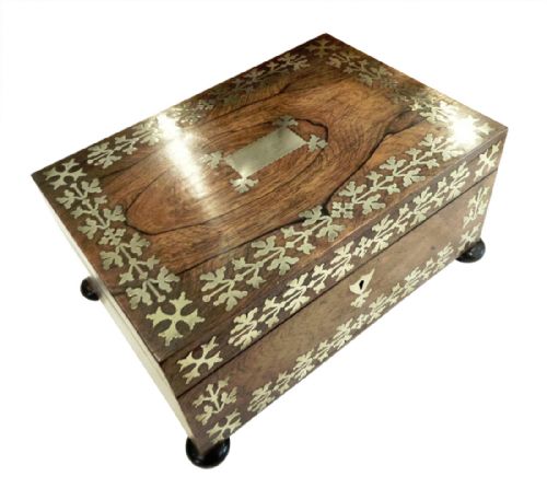 fig 2. Antique Regency Rosewood & Brass Inlay Sewing Box with Contents c1815