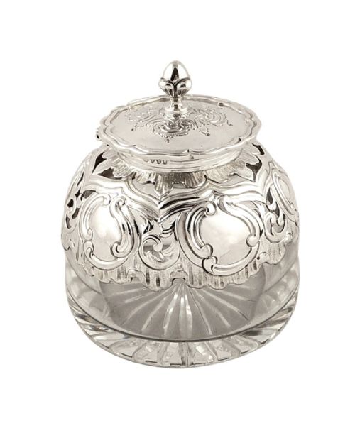 Antique Victorian Sterling Silver & Glass Inkwell 1885