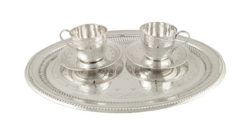 Rare Antique Victorian Sterling Silver Tray with 2 Cups & Saucers 1894