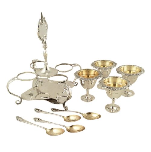fig 1. Antique Edwardian Sterling Silver 4 Egg Cruet Set 1909