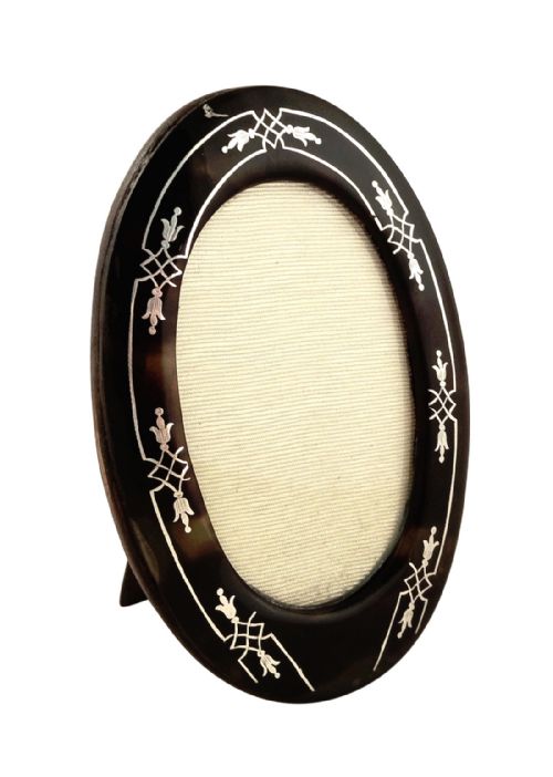 Antique Tortoiseshell Oval Photo Frame with Inlaid Silver Pique C1900