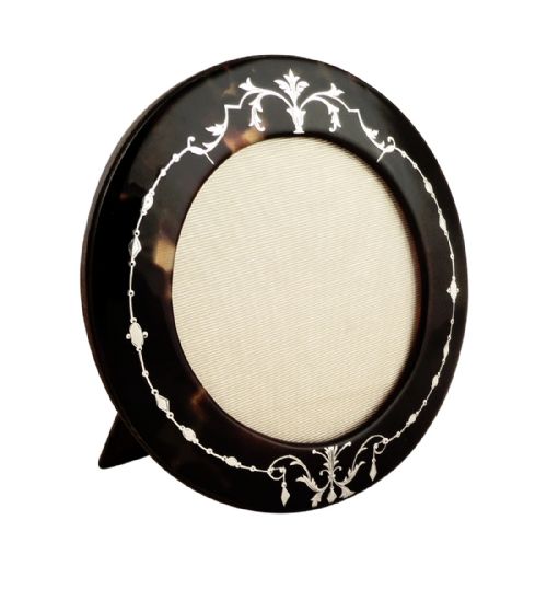 Antique Tortoiseshell Photo Frame with Inlaid Silver Pique C1900