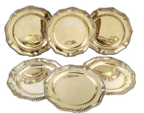 Set of 6 Antique Georgian Silver Gilt Dinner Plates 1787