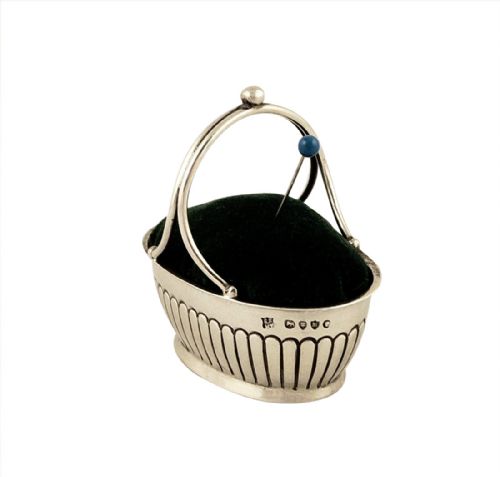 fig 1. Antique Victorian Sterling Silver Basket Pin Cushion 1887