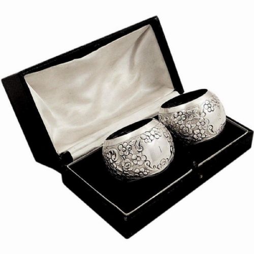Pair of Antique Victorian Sterling Silver Napkin Rings in Case 1893