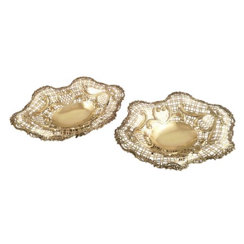 Huge Pair of Antique Victorian Sterling Silver Gilt 14" Dishes/baskets 1897
