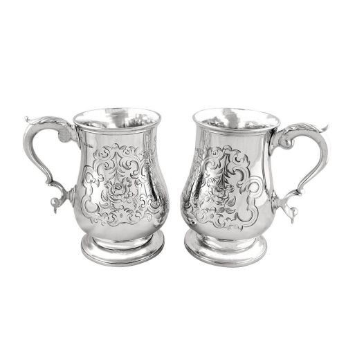 Rare Pair of Antique Victorian Sterling Silver Pint Mugs / Tankards 1857
