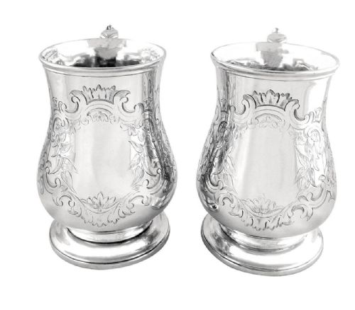 fig 1. Rare Pair of Antique Victorian Sterling Silver Pint Mugs / Tankards 1857