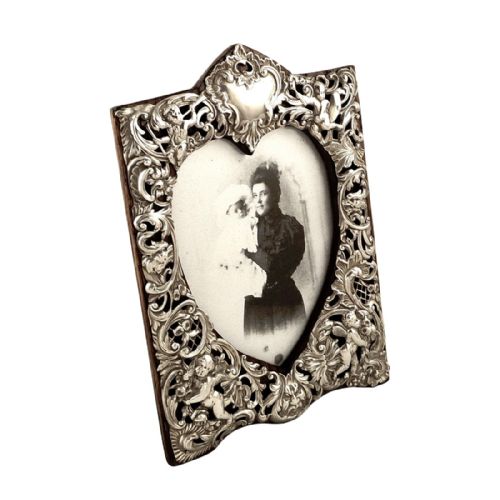 Antique Victorian Sterling Silver Photo Frame 1883 - Cherubs & Flowers