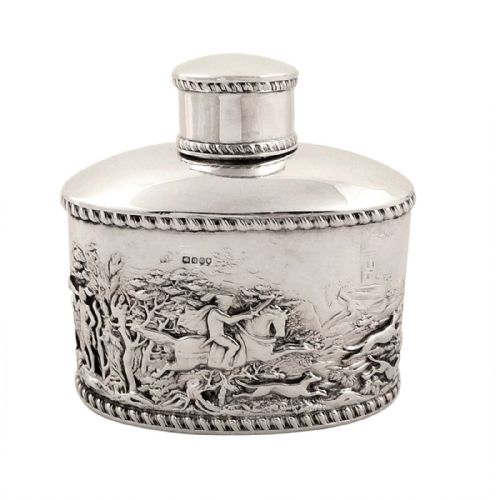 Antique Victorian Sterling Silver Caddy with Hunting Scenes 1900