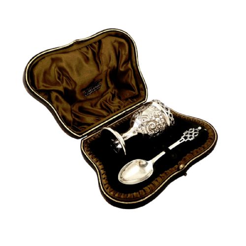 Antique Victorian Sterling Silver Egg Cup & Spoon in Presentation Case 1897