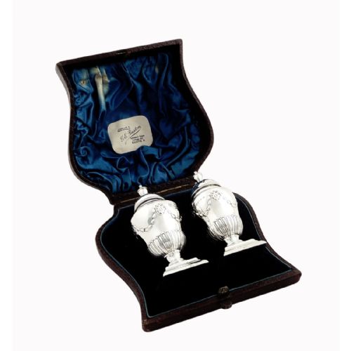 Pair of Antique Victorian Sterling Silver Peppers in Presentation Case 1881