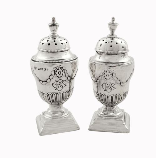 fig 1. Pair of Antique Victorian Sterling Silver Peppers in Presentation Case 1881