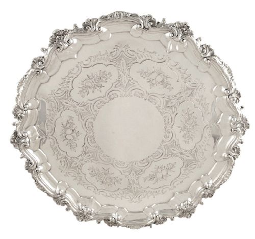 Antique Early Victorian Sterling Silver 14" Tray / Salver 1858
