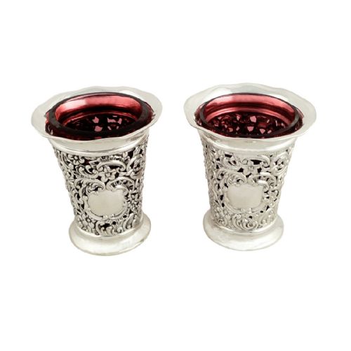 Pair of Antique Edwardian Silver Vases with Red Glass Liners 1902