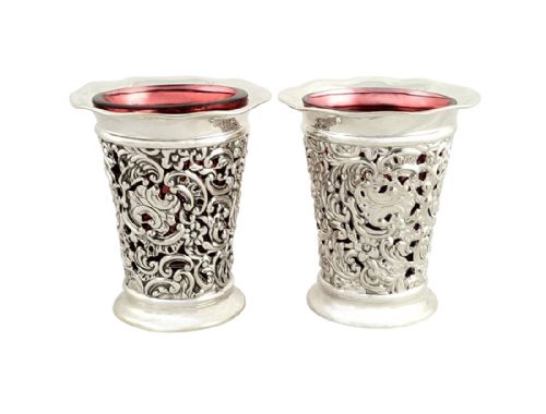 fig 1. Pair of Antique Edwardian Silver Vases with Red Glass Liners 1902