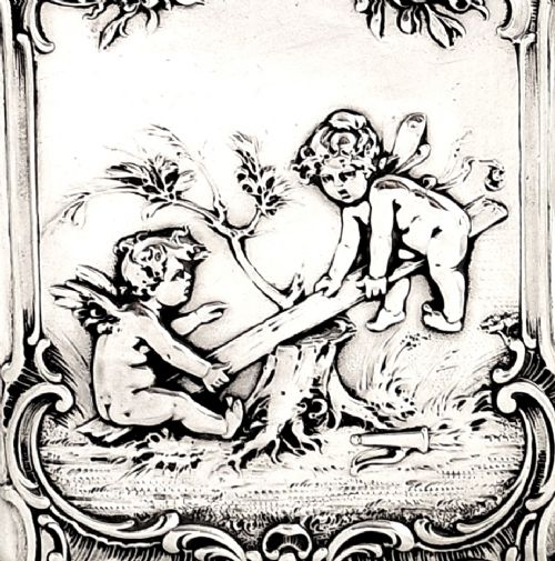 fig 1. Antique Victorian Silver Aide Memoire/Card Case 1898 - Cherub Scene