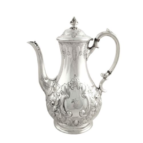 Antique Victorian Sterling Silver 3 Pint Coffee Pot 1884 - Fisherman Crest