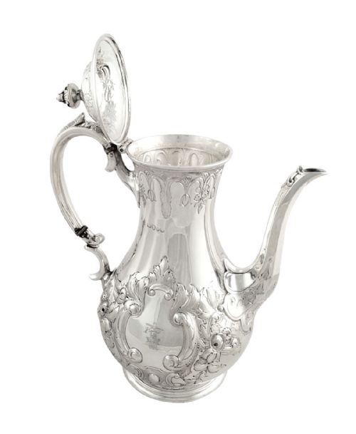 fig 1. Antique Victorian Sterling Silver 3 Pint Coffee Pot 1884 - Fisherman Crest